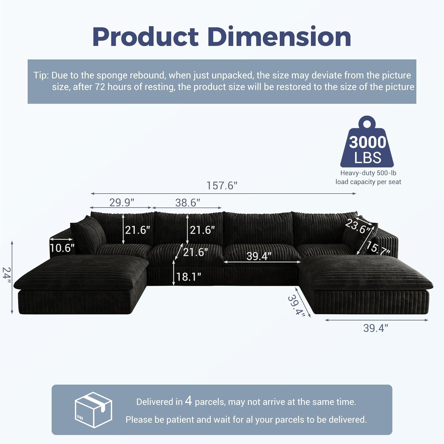 157.6" Oversized Cloud Sofa with 2 Ottomans, Modern Corduroy U Shaped Modular Sectional Couch, Deep Seat Floor Furniture Set, No Assembly Required (4 Seater+2 Ottoman)