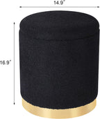 Joveco Boucle Round Ottoman with Storage,Vanity Stool with Storage for Bedroom, Ottoman Coffee Table,Small Boucle Foot Stool for Living Room, Black with Gold Plating
