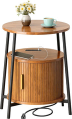 DHH Round End Tables with Charging Station, Fluted Accent Side Table with Sliding Door, Mid-Century Modern Nightstand for Small Space Storage, Living Room, Bedroom,Sofa Couch(Yellow)
