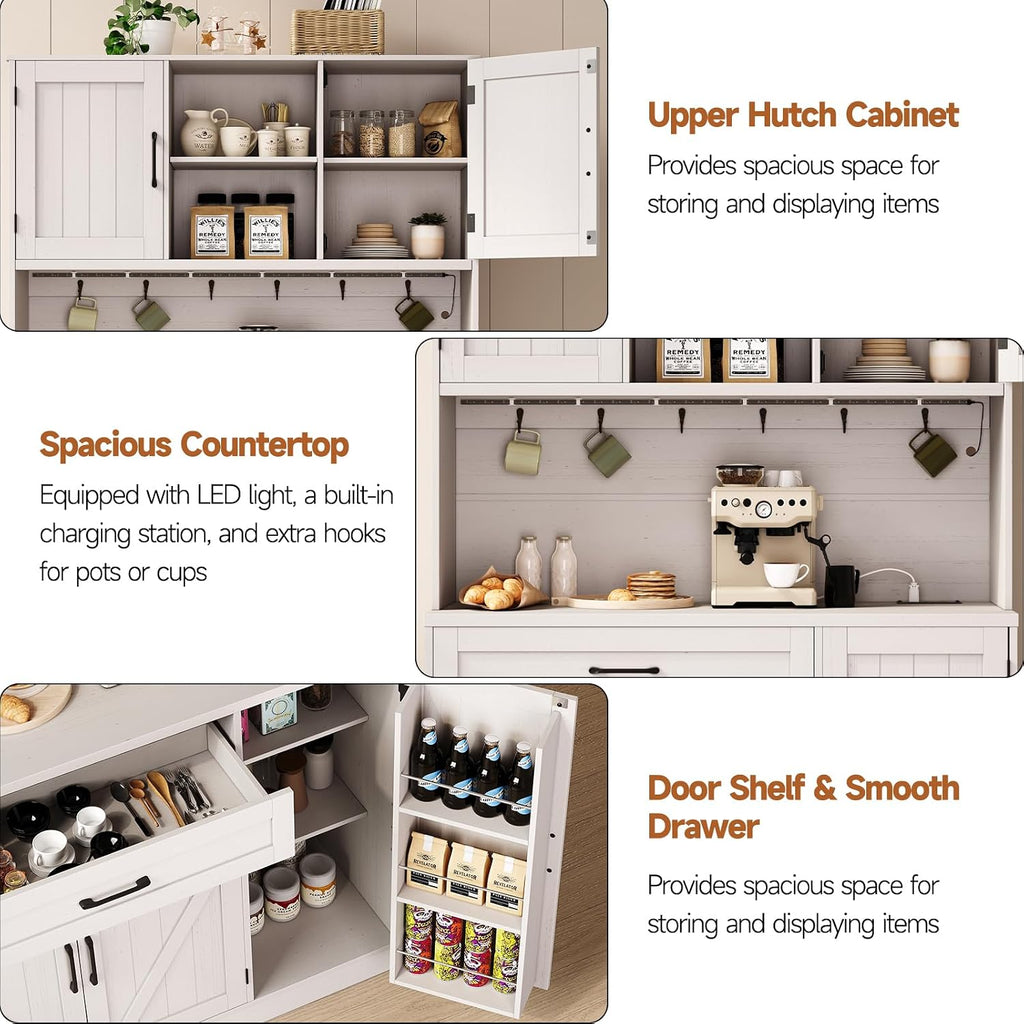 ONBRILL 71" Kitchen Pantry Storage Cabinet with LED Light/Outlet, Off-White | Pantry Cabinet, Kitchen Hutch with Microwave Shelf & 6 Hooks, Door Shelves & Drawer & Adjustable Shelves, for Dining Room