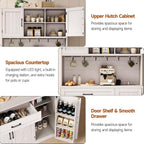 ONBRILL 71" Kitchen Pantry Storage Cabinet with LED Light/Outlet, Off-White | Pantry Cabinet, Kitchen Hutch with Microwave Shelf & 6 Hooks, Door Shelves & Drawer & Adjustable Shelves, for Dining Room