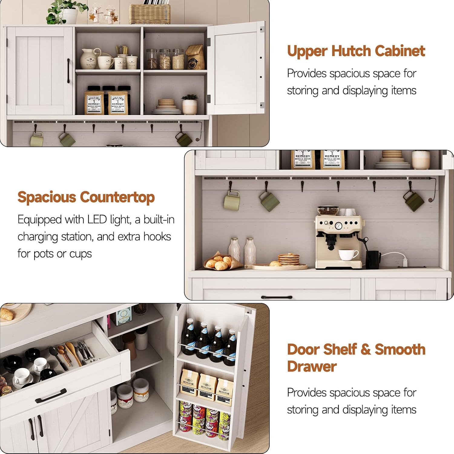 ONBRILL 71" Kitchen Pantry Storage Cabinet with LED Light/Outlet, Off-White | Pantry Cabinet, Kitchen Hutch with Microwave Shelf & 6 Hooks, Door Shelves & Drawer & Adjustable Shelves, for Dining Room