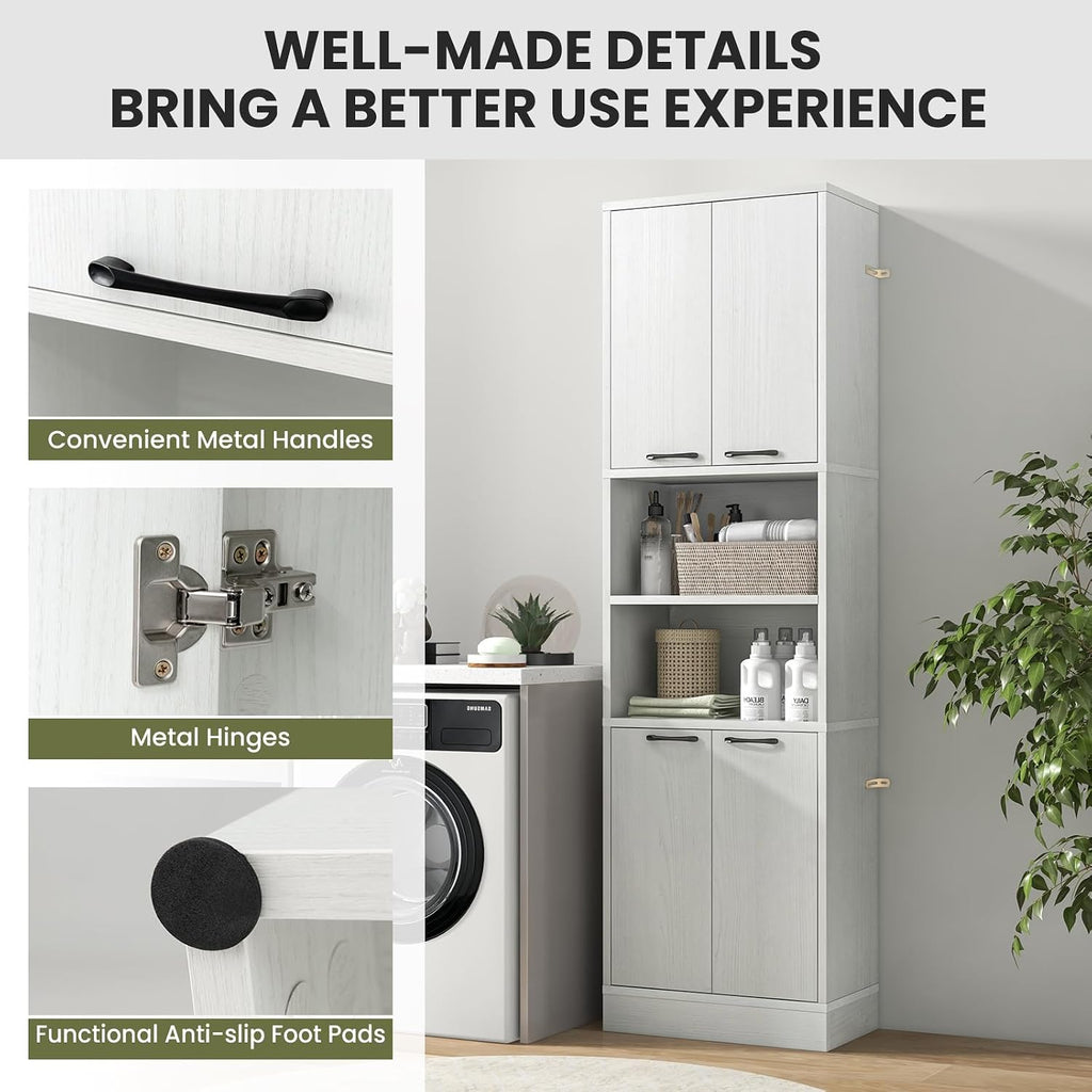 TANGZON 190CM Tall Kitchen Cupboard, 4-Door Storage Cabinet with Enclosed Cabinets, Open Compartments & Anti-tipping Kits, Freestanding Wooden Tall Sideboard for Pantry Dining Living Room (White Oak)