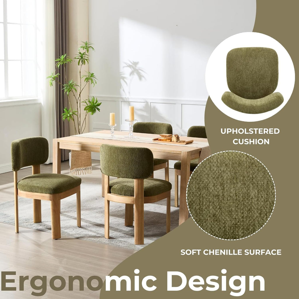 ROCITY Green Upholstered Dining Chairs Set of 4 Chenille Fabric Dining Room Chairs Modern Barrel Kitchen Chairs with Curved Backrest and Wooden Legs