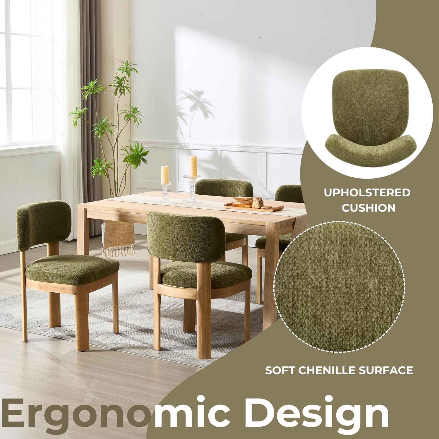 ROCITY Green Upholstered Dining Chairs Set of 4 Chenille Fabric Dining Room Chairs Modern Barrel Kitchen Chairs with Curved Backrest and Wooden Legs