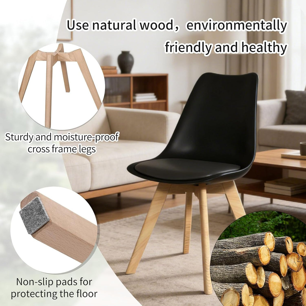 YLGJ&TIDY Modern Dining Chairs Set of 4 PU Leather Upholstered Chairs with Wooden Legs Mid Century Soft Padded Kitchen Chairs for Living Room Bedroom Dining Room Patio (Black, Pack of 4)