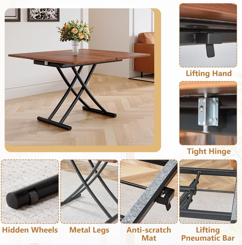 Adjustable Height Coffee Table to Dining Table, Lift Top Foldable Dining Table with Expandable Top & Wheels, Convertible Coffee Table for Small Spaces & Apartments
