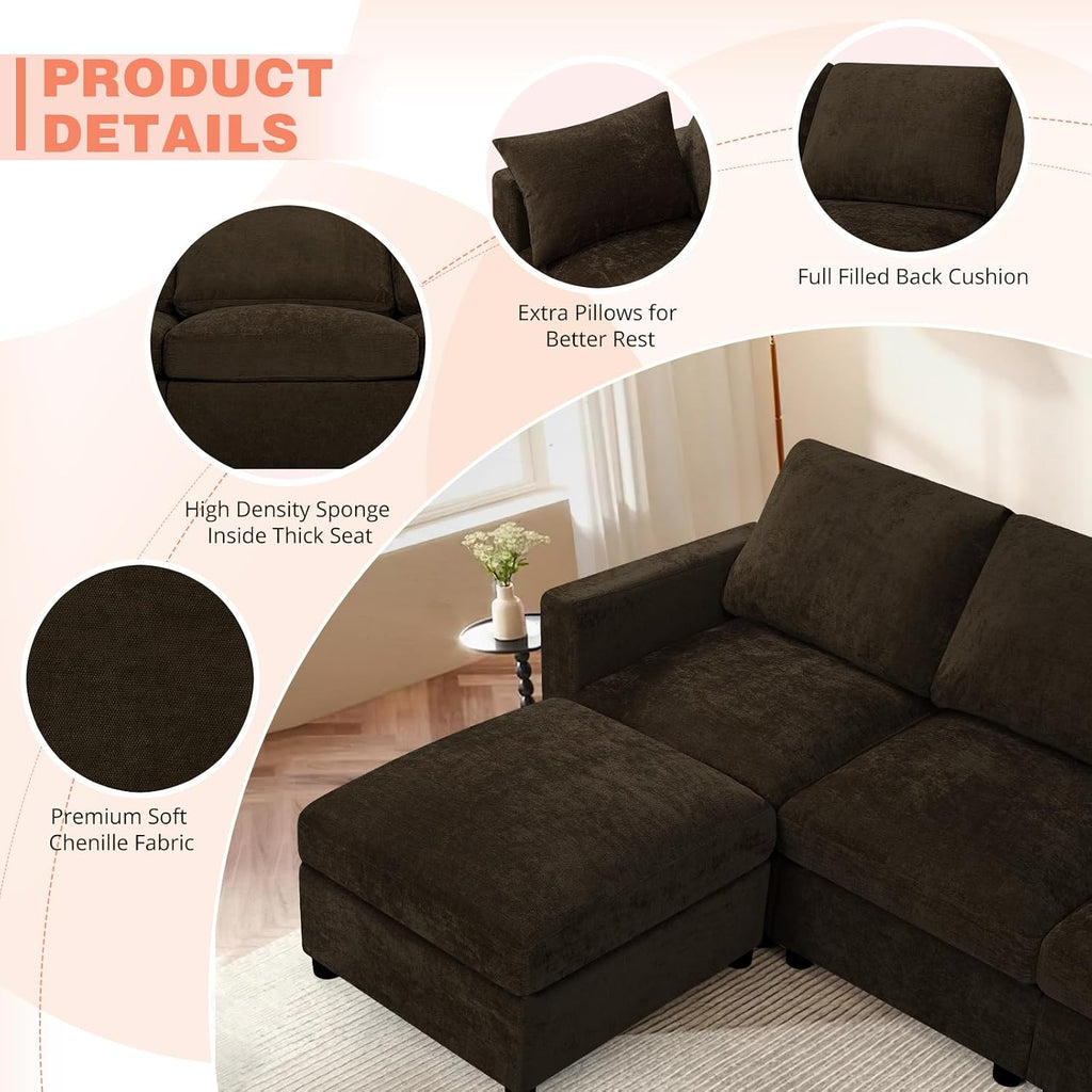 84” Chenille 3-Seats Sofa W/Movable Ottoman, Brown | Modern Fabric L-Shaped Couch w/Soft Backrests, Upholstered Sectional Sofa w/Arm Pillows for Living Room