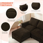 84” Chenille 3-Seats Sofa W/Movable Ottoman, Brown | Modern Fabric L-Shaped Couch w/Soft Backrests, Upholstered Sectional Sofa w/Arm Pillows for Living Room