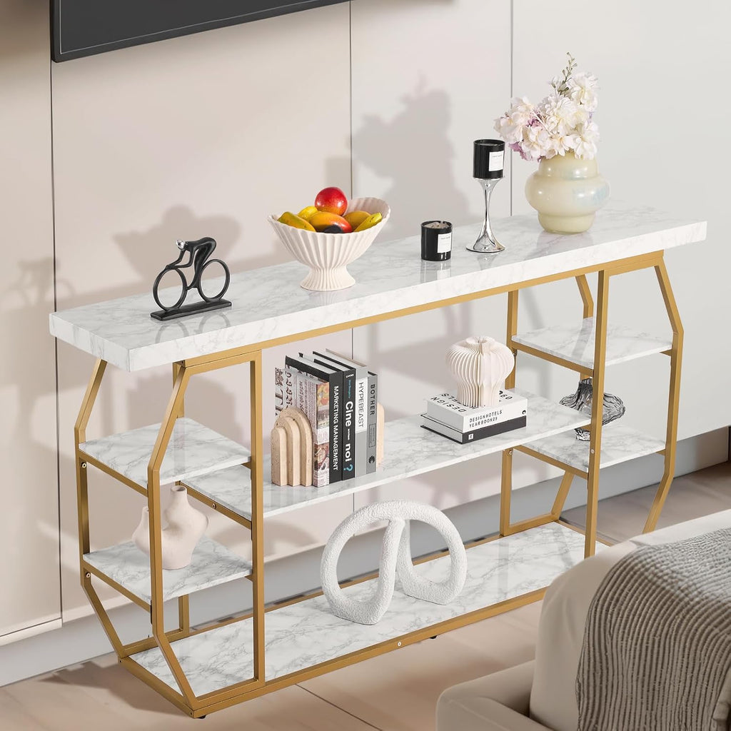 VEVOR Marble Console Table, 3 Tiers Modern Console Table for Open Storage, Golden Geometric Table with Iron Tubes, Anti-Tip Device and Triangular Support for Living Room, Hallway, Entryway