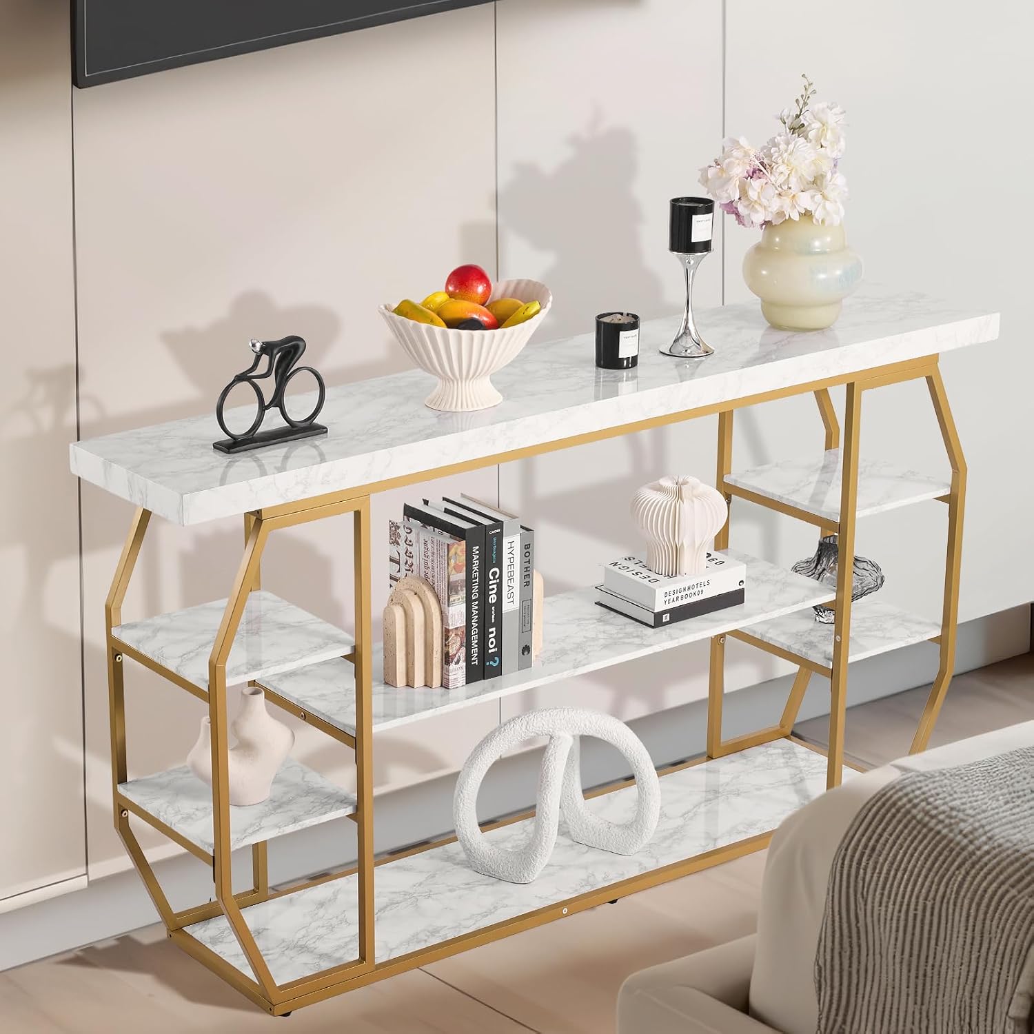 VEVOR Marble Console Table, 3 Tiers Modern Console Table for Open Storage, Golden Geometric Table with Iron Tubes, Anti-Tip Device and Triangular Support for Living Room, Hallway, Entryway