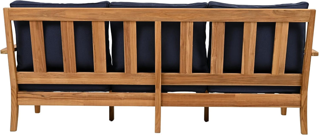 SAFAVIEH Couture Outdoor - Martinique 3-Seat Sofa - Natural & Navy - Teak Wood - Slatted Coastal Design - Ideal for Patio, Deck, Porch, Backyard, 18.3" Seat Height (CPT1013J)