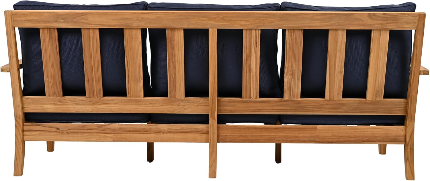 SAFAVIEH Couture Outdoor - Martinique 3-Seat Sofa - Natural & Navy - Teak Wood - Slatted Coastal Design - Ideal for Patio, Deck, Porch, Backyard, 18.3" Seat Height (CPT1013J)