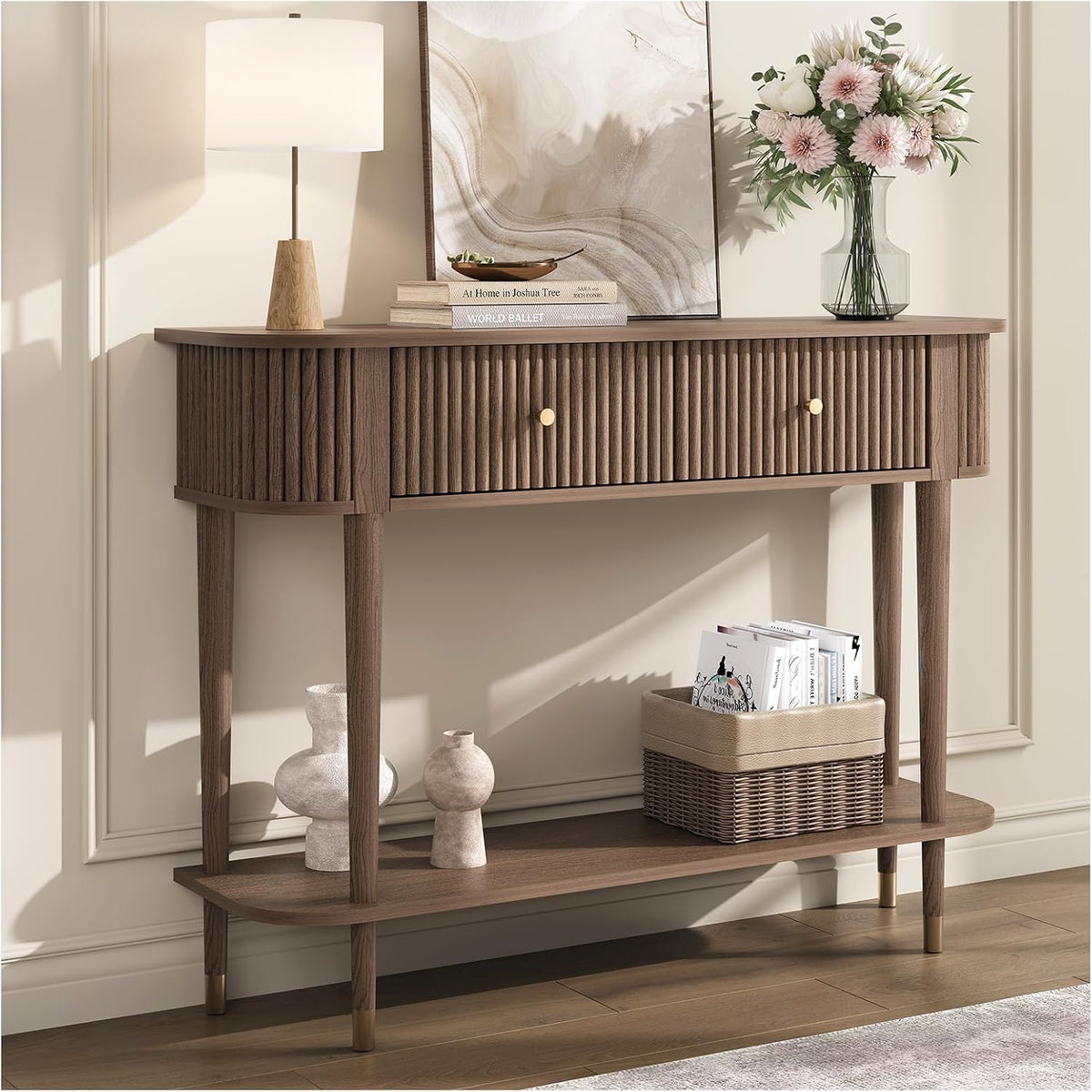 JOINICE 43" Entryway Table with Drawers,Fluted Console Table with Storage Shelf,Narrow Sofa Table for Living Room,Hallway,Foyer,Walnut