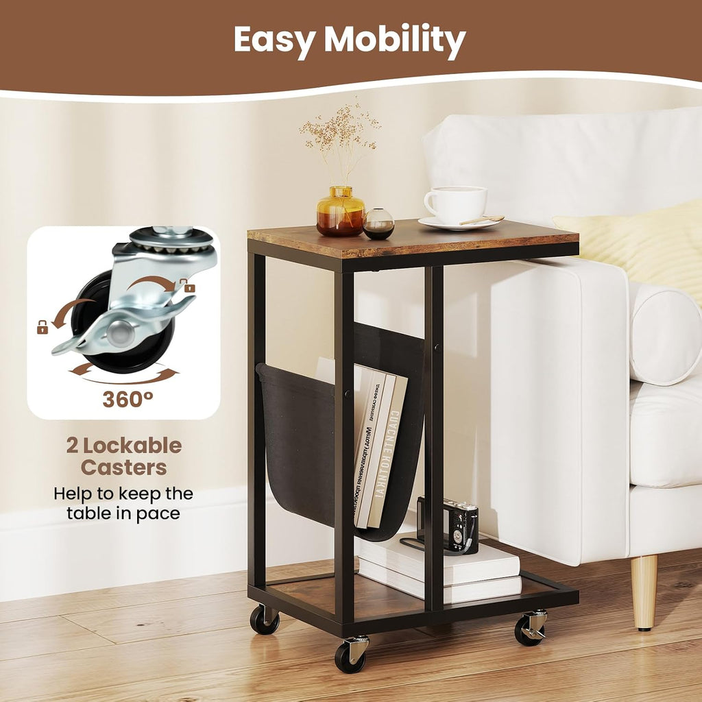 Tangkula Mobile C Shaped Side Table, 2 Tier Sofa Couch Table with Canvas Storage Pouch, Industrial End Table with Metal Frame & 360° Rolling Casters for Living Room, Bedroom