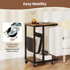 Tangkula Mobile C Shaped Side Table, 2 Tier Sofa Couch Table with Canvas Storage Pouch, Industrial End Table with Metal Frame & 360° Rolling Casters for Living Room, Bedroom