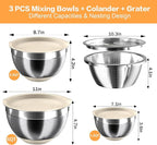 Mixing Bowls with Airtight Lids, Stainless Steel Mixing Bowl Set with 3 Metal Nesting Bowls, Colander & Grater, Non-Slip Bottoms, Size 1.5, 2.5, 6 QT, Great for Mixing & Serving, Khaki
