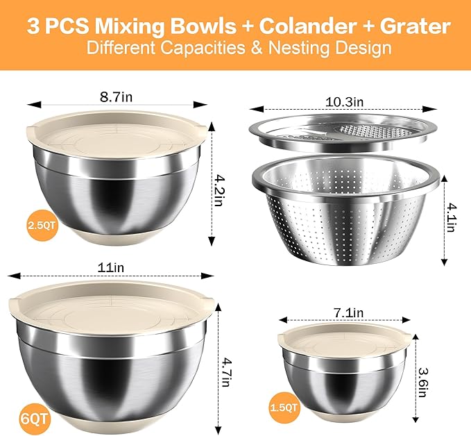 Mixing Bowls with Airtight Lids, Stainless Steel Mixing Bowl Set with 3 Metal Nesting Bowls, Colander & Grater, Non-Slip Bottoms, Size 1.5, 2.5, 6 QT, Great for Mixing & Serving, Khaki