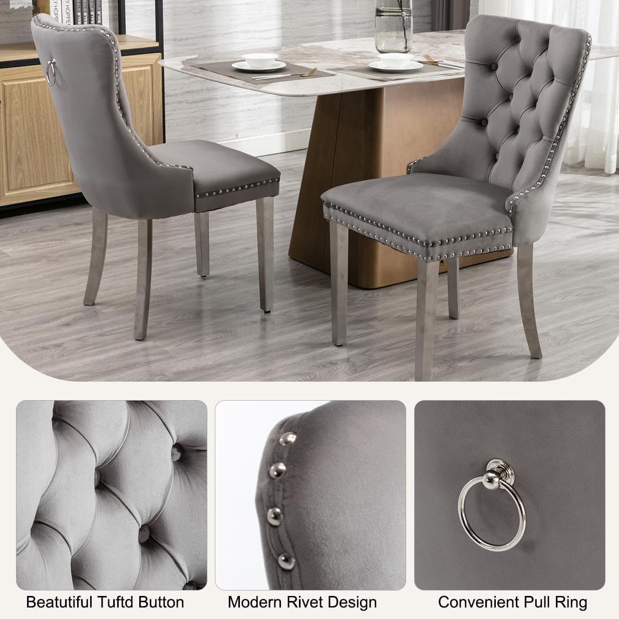 SSLine Modern 5-Piece Glass Dining Table Set for 4 Luxury Rectangle Glass Kitchen Table and Chair Set for 4, 61" Long Dining Room Tables with 4 Gray Tufted Chairs for Kitchen Home Office