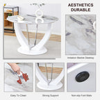 47" White Round Glass Dining Table Set 4 | Marble Pattern Kitchen Table with 4 PU Chairs, Modern High Glossy White Base Table for Kitchen Dining Room