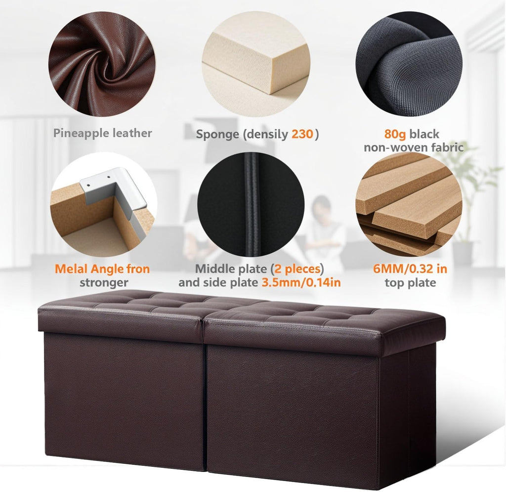 AmasSmile Footrest Ottoman Storage Bench,34" Leather Folding Chest,Brown | Large Ottoman with Storage,Thicker Foam Padded Seat,Livingroom,Dorm,Bedroom,Entryway,Easy to install,34 x 13 x 13in