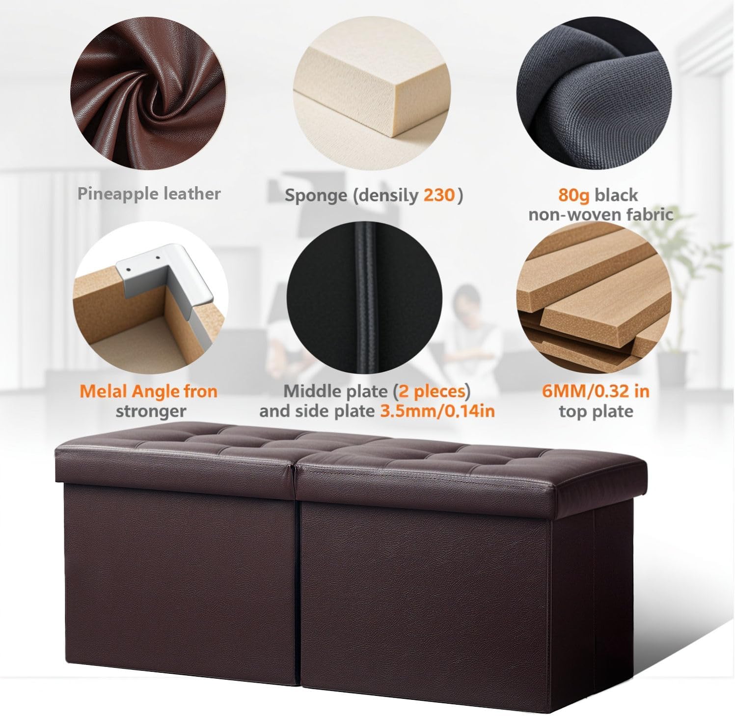 AmasSmile Footrest Ottoman Storage Bench,34" Leather Folding Chest,Brown | Large Ottoman with Storage,Thicker Foam Padded Seat,Livingroom,Dorm,Bedroom,Entryway,Easy to install,34 x 13 x 13in