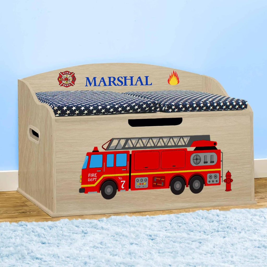 DIBSIES Personalized Creative Wonders Toy Box, Firetruck, 30 x 19.25 x 18 inches, Soft-Close Lid (Natural)
