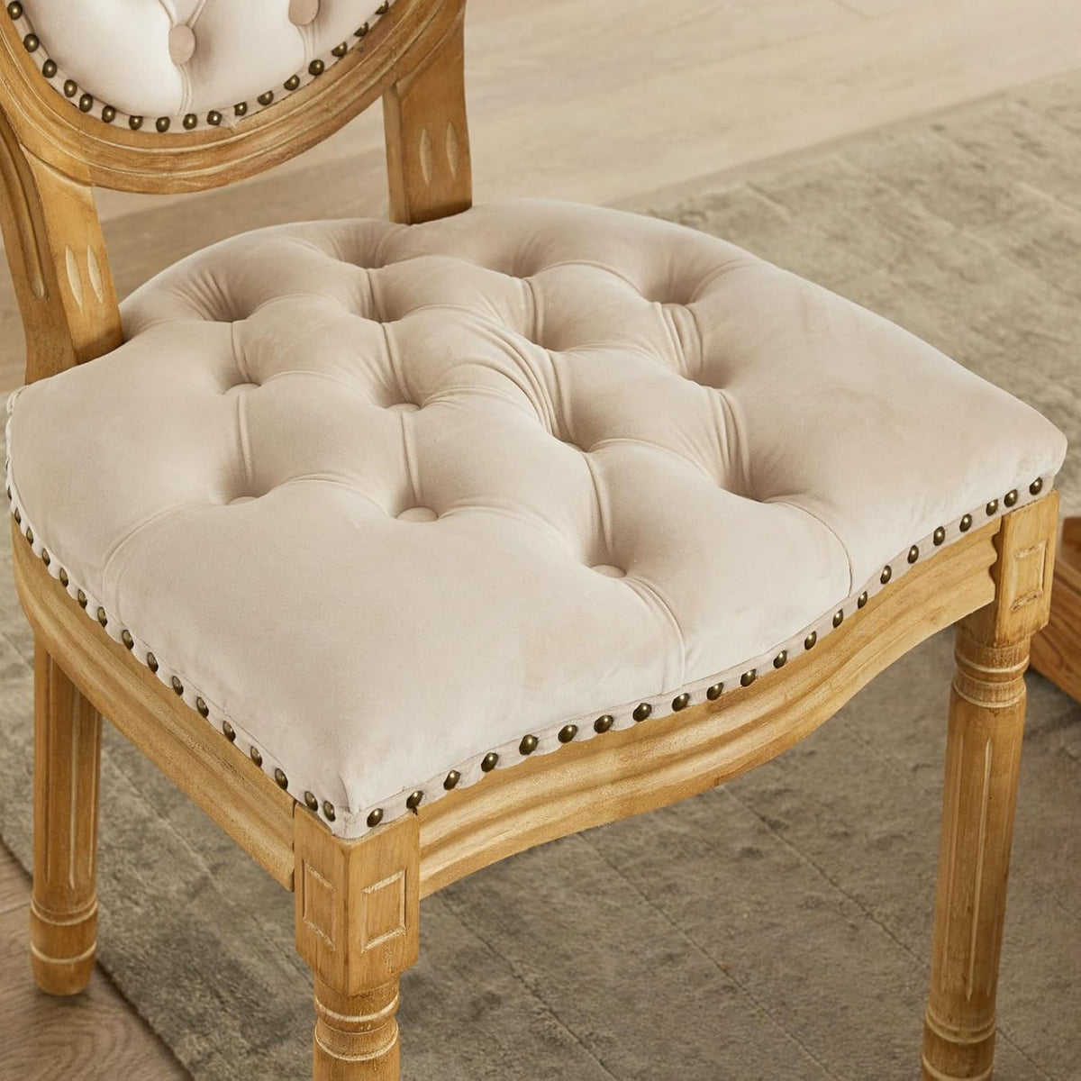 French Country Dining Chairs Set of 2,Upholstered Velvet Chairs with Round Back,Solid Wood Legs,for Living Room,Kitchen,Restaurant,Beige