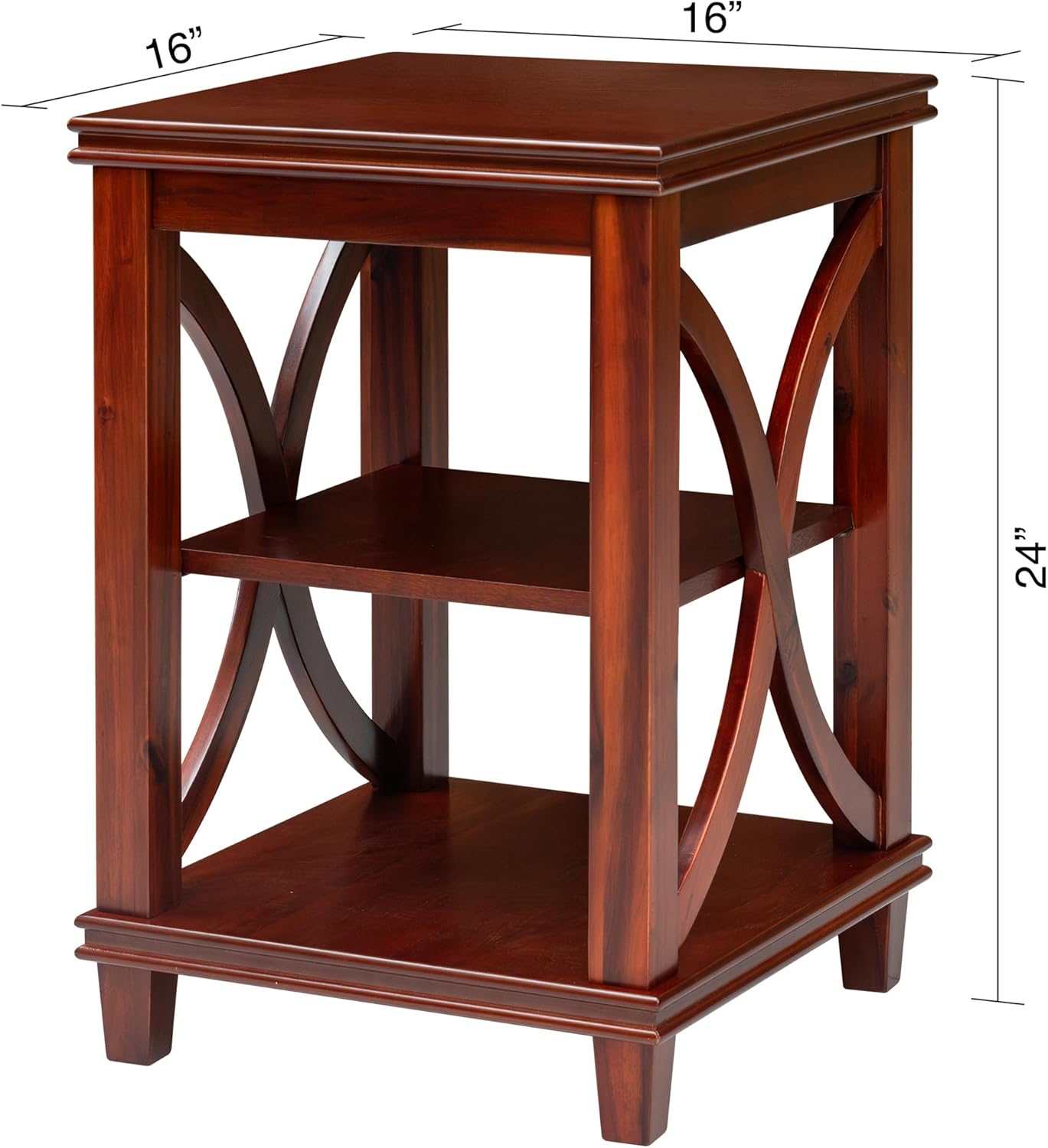 eHemco Solid Wood Square End Table with Storage Shelves, 3-Tier Accent Side Table with X-Design Panels, Compact Nightstand or Sofa Table for Living Room and Bedroom, Cherry Finish, 16 x 16 x 24 Inch