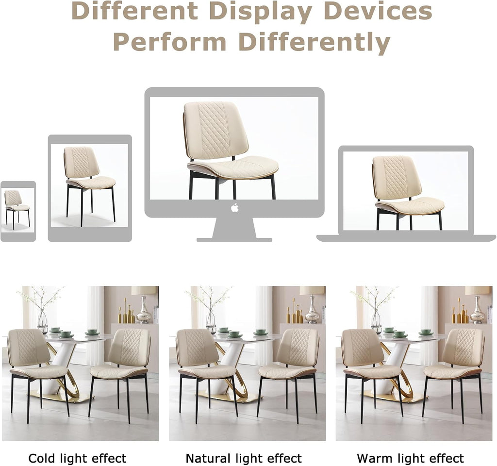 BV Dining Chairs Set of 4, Mid Century Modern PU Leather Metal Legs, Beige | Walnut Bentwood Backrest, Adjustable Foot Pads, Armless Side Chairs for Kitchen & Dining Room