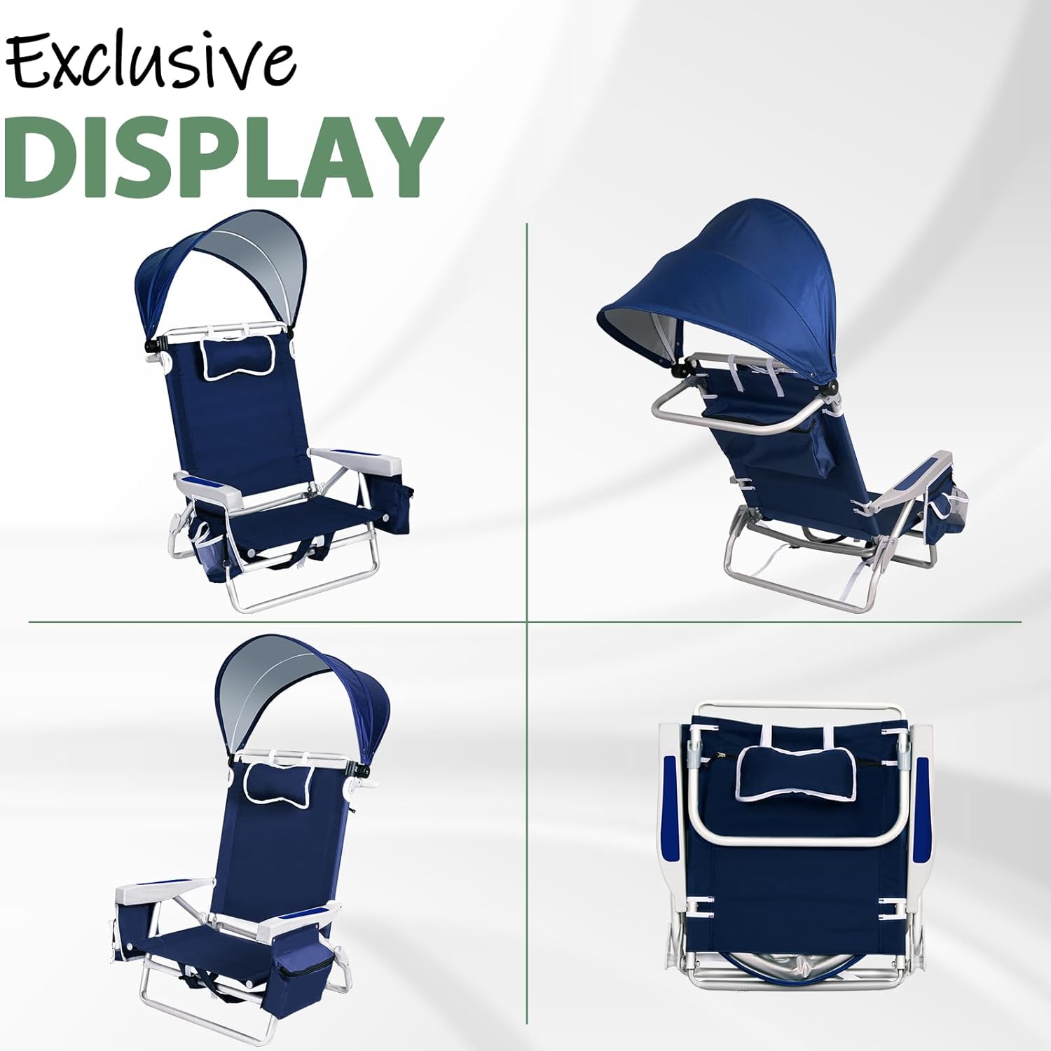 Romswi Extra Wide Beach Chair with Canopy Shade, 2 Pack Aluminum Folding Chairs with Detachable & Adjustable Umbrella, 5-Position Lay Flat, Cooler Bag, Cup & Phone Holder, Towel Bar, Navy Blue