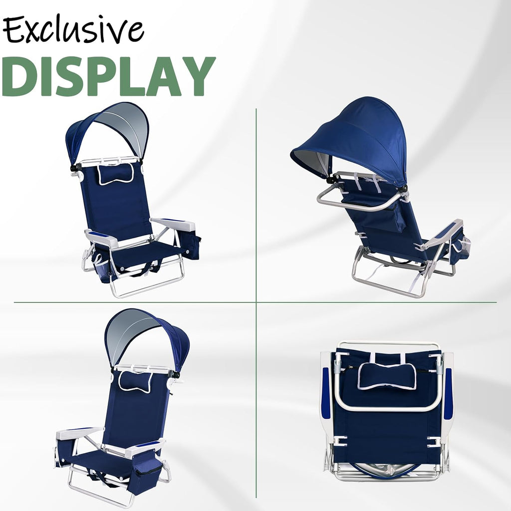 Romswi Extra Wide Beach Chair with Canopy Shade, 1 Pack Aluminum Folding Chairs with Detachable & Adjustable Umbrella, 5-Position Lay Flat, Cooler Bag, Cup & Phone Holder, Towel Bar, Navy Blue