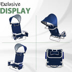 Romswi Extra Wide Beach Chair with Canopy Shade, 1 Pack Aluminum Folding Chairs with Detachable & Adjustable Umbrella, 5-Position Lay Flat, Cooler Bag, Cup & Phone Holder, Towel Bar, Navy Blue