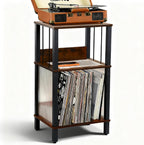 DGSANDGO Mid-Century Now Playing Vinyl Record Stand, Record Player Stand, End Table with Charging Station, 3 Tier Rustic Brown w/Guard Rails, Holds 100 Vinyl Albums, for Living Room Bedroom Office
