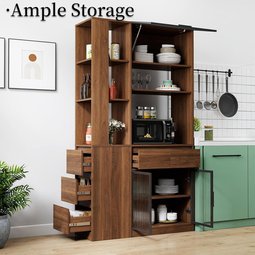 JOYSOURCE Tall Kitchen Hutch Cabinet with Side-Access Shelves & Drawer Freestanding Pantry Cabinet Large with Glass Door Cupboard for Kitchen, Dining Room with Microwave Countertop Walnut Finish