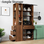 JOYSOURCE Tall Kitchen Hutch Cabinet with Side-Access Shelves & Drawer Freestanding Pantry Cabinet Large with Glass Door Cupboard for Kitchen, Dining Room with Microwave Countertop Walnut Finish