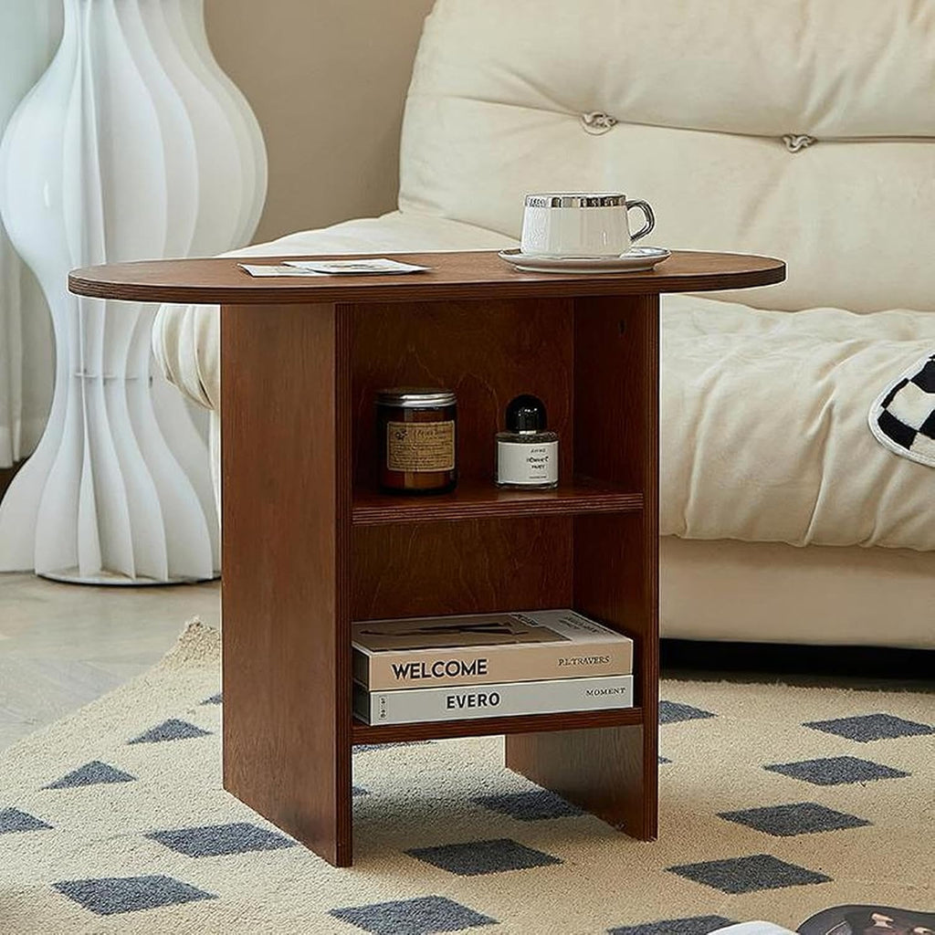 Round End Table with Open Storage,Mid-Century Modern Nightstand Small Space Side Table for Living Room & Bedroom,Easy Assembly Sofa Table(25.5 * 13.3 * 20", Walnut)
