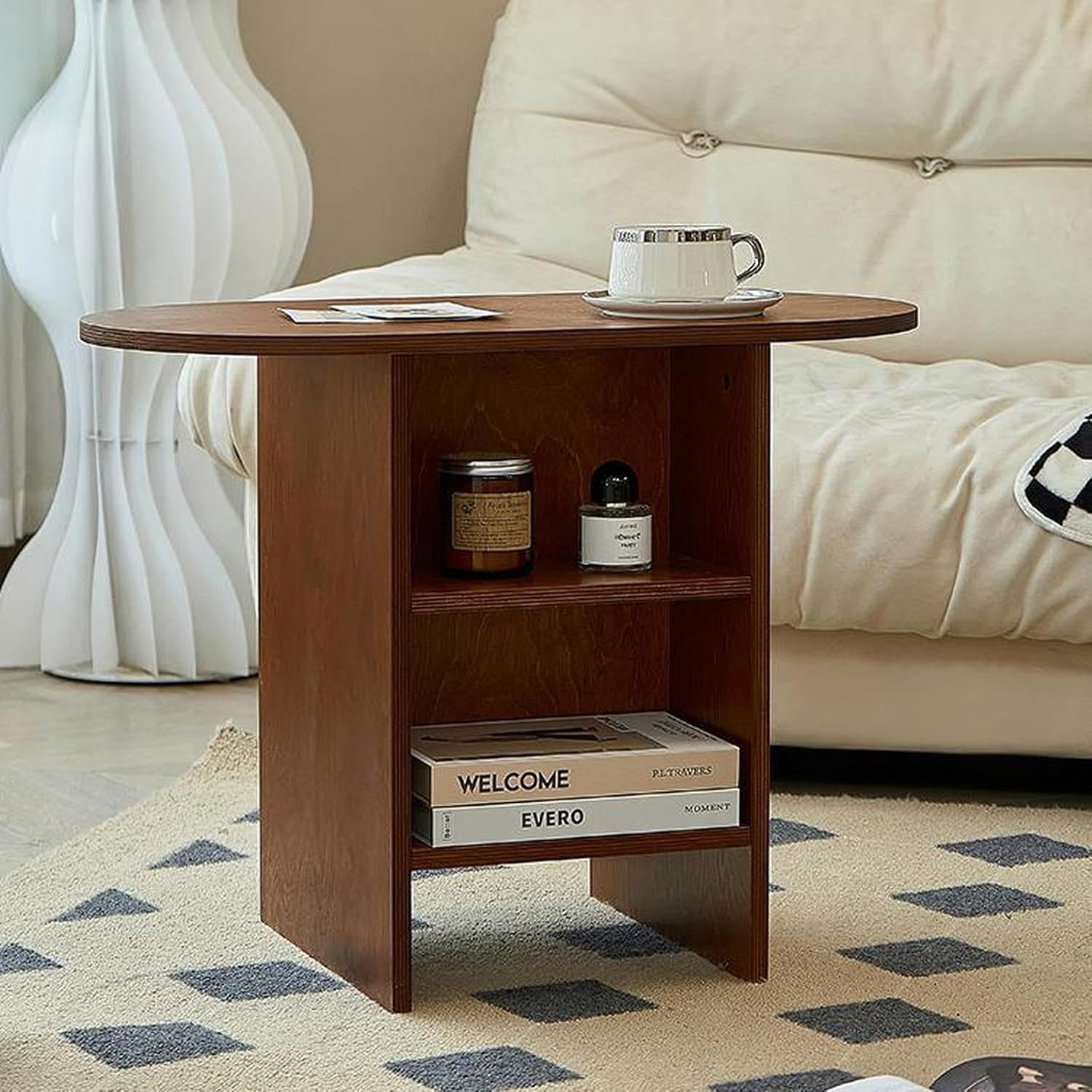 Round End Table with Open Storage,Mid-Century Modern Nightstand Small Space Side Table for Living Room & Bedroom,Easy Assembly Sofa Table(25.5 * 13.3 * 20", Walnut)