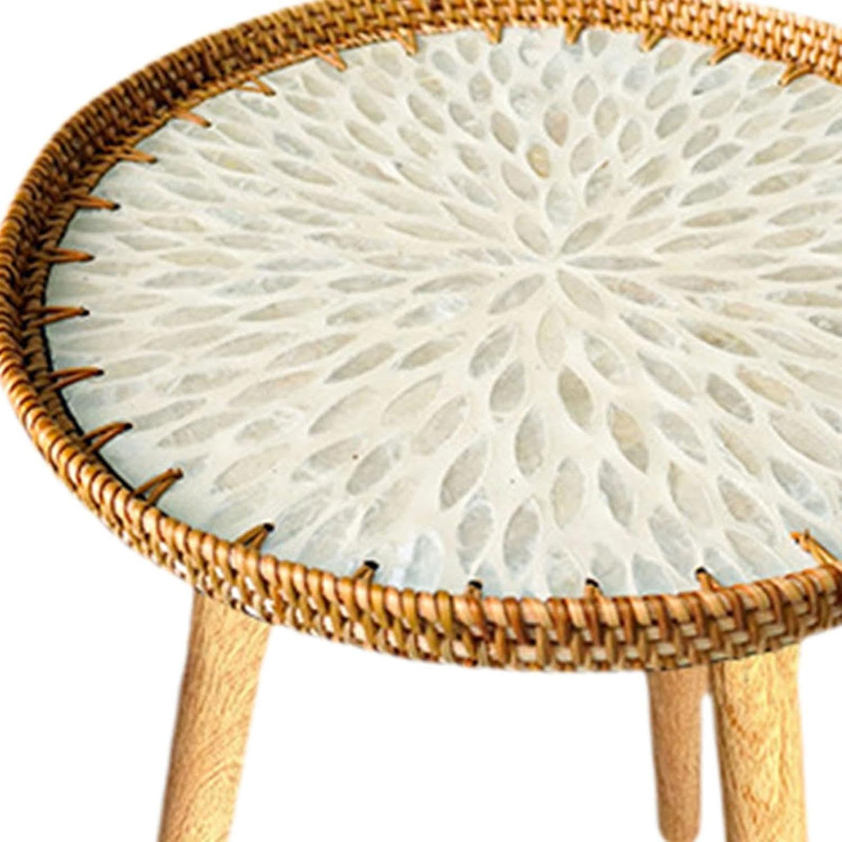Shell Inlay Side Table, End Table, Home Decoration, Tea Table, Bedside Table for Bedroom, Garden, White Leaves 40cm