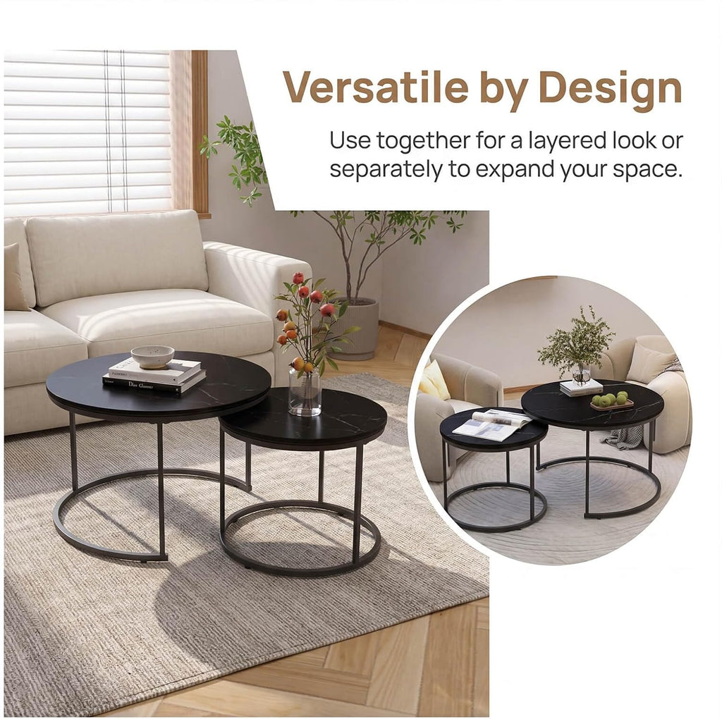 Nesting Coffee Table Set of 2, Round Nesting Tables with Marble-Look Top and Metal Frame, Modern Coffee Table Set for Small Spaces, Stackable Side End Tables for Living Room Bedroom etc. (B)