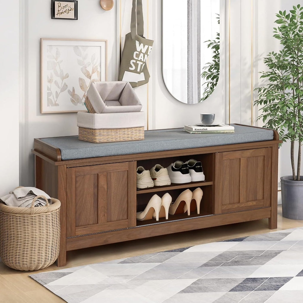 2-Tier Shoe Storage Bench,43" Wooden Shoe Cabinet with Sliding Doors,Walnut Shoe Bench with Adjustable Shelves,Storage Bench for Entryway,Hallway,Bedroom