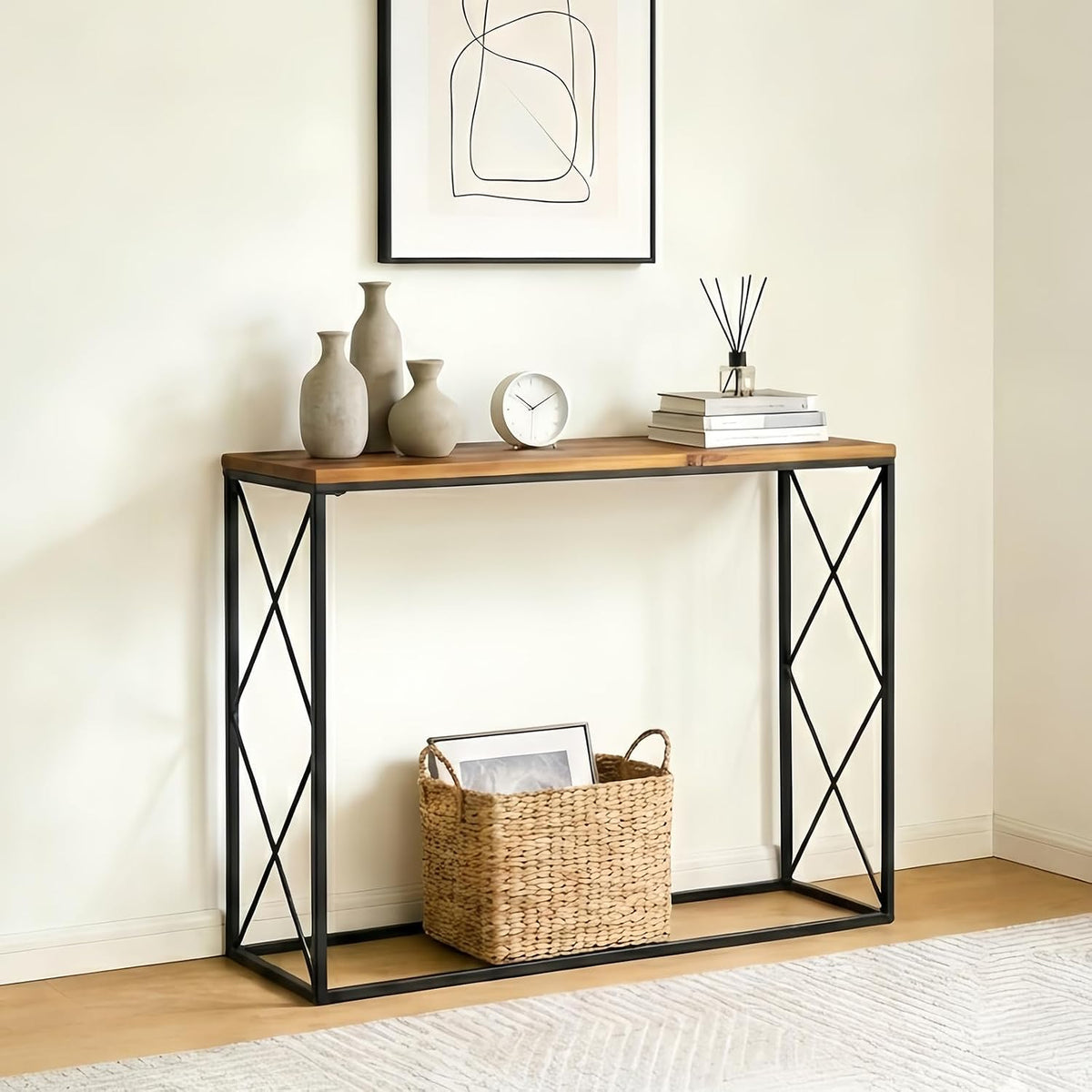 DDK 40" Narrow Console Table, Thin Sofa Side Entryway Table with X-Shaped Metal Frame, Rustic Wood Entry Way Display Table for Hallway, Living Room, Small Spaces