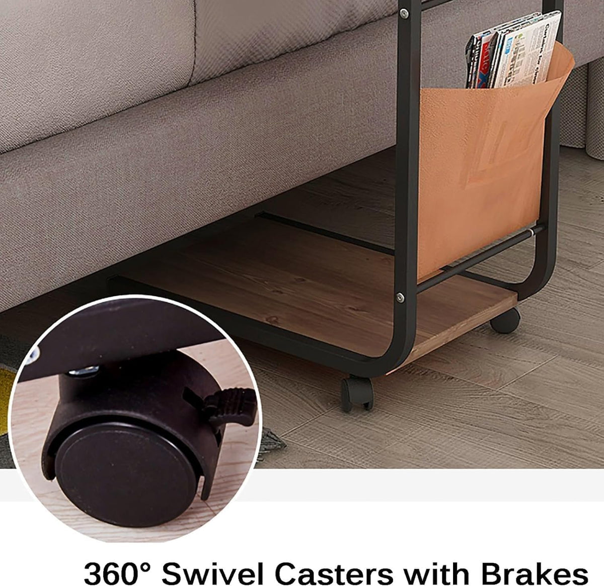 C Shaped End Table with 4 Wheels Side Table Portable Coffee Table Save Space Accent Table for Living Room Center Table