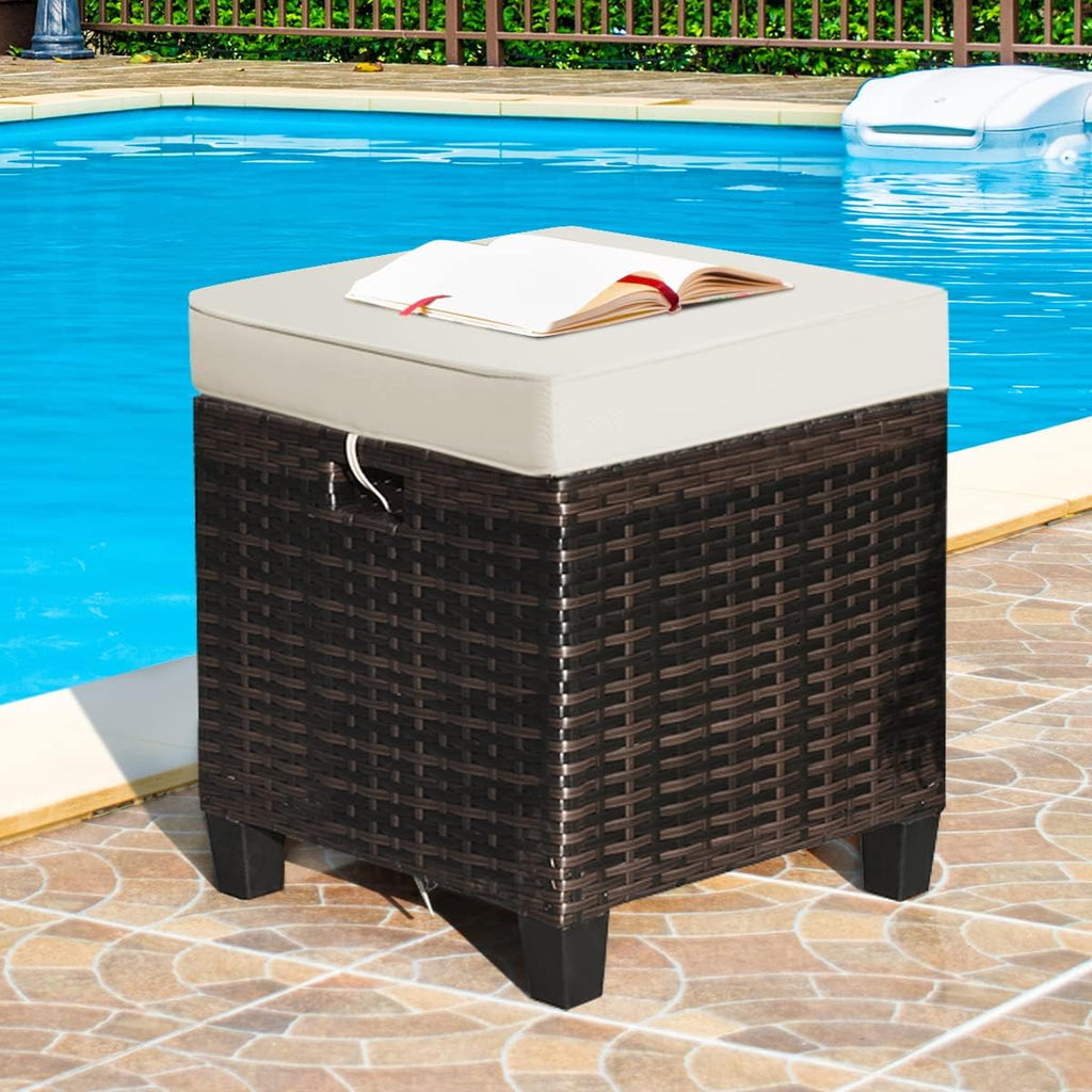 Set of 2 Outdoor Wicker Ottomans, All Weather Rattan Patio Footstool w/Removable Cushions, Patio Rattan Furniture, Extra Footrest Seat for Garden, Patio, Deck, Porch, Poolside (Light Brown)