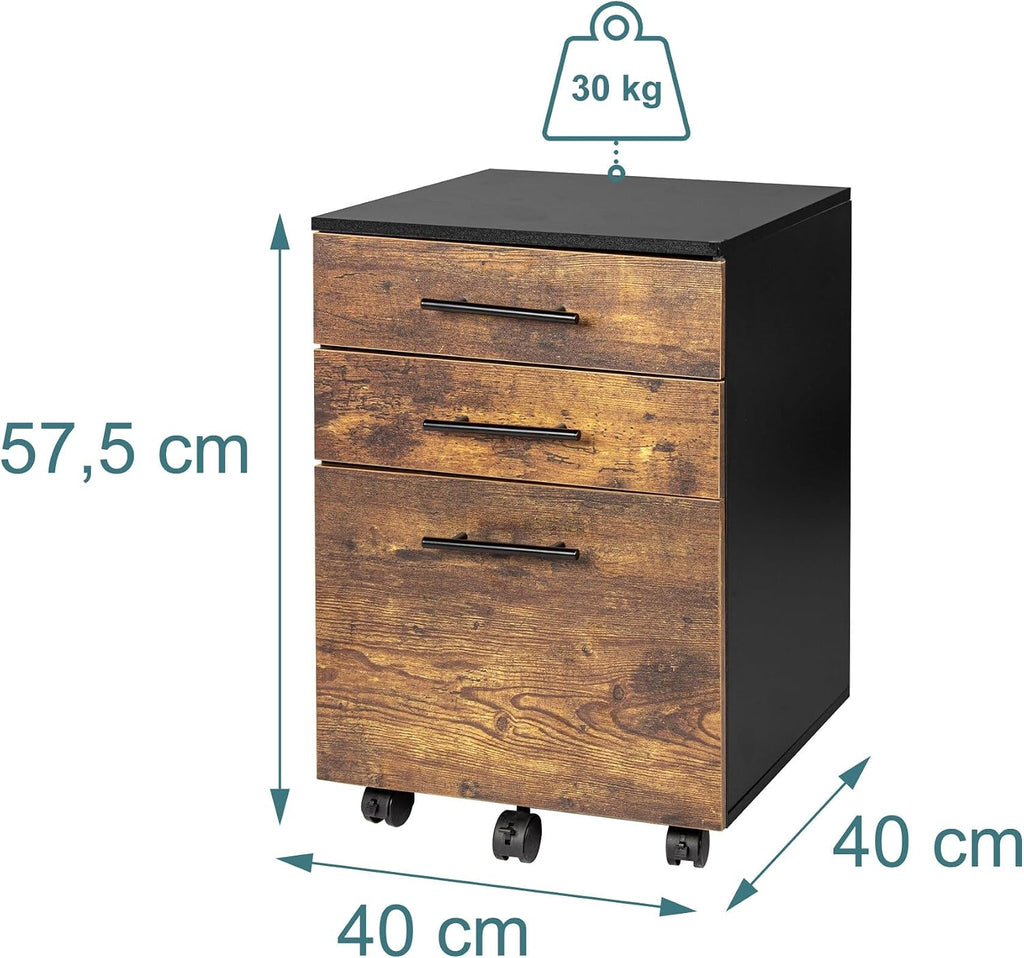 Relaxdays Roll Container with 3 Drawers, Hanging File, Castors, 57.5x40x40 cm, Black/Brown Filing Cabinet