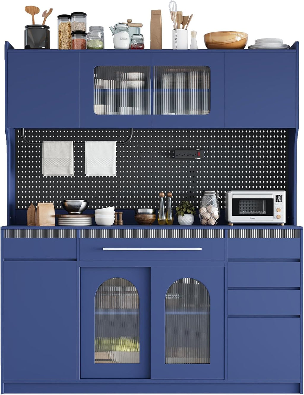 Merax Freestanding 63" W Buffet with Hutch, Large Coffee Bar Storage Cabinet with 6 Drawers, 5 Cabinets with Adjustable Shelves, Pegboard, Towel Rack, Blue