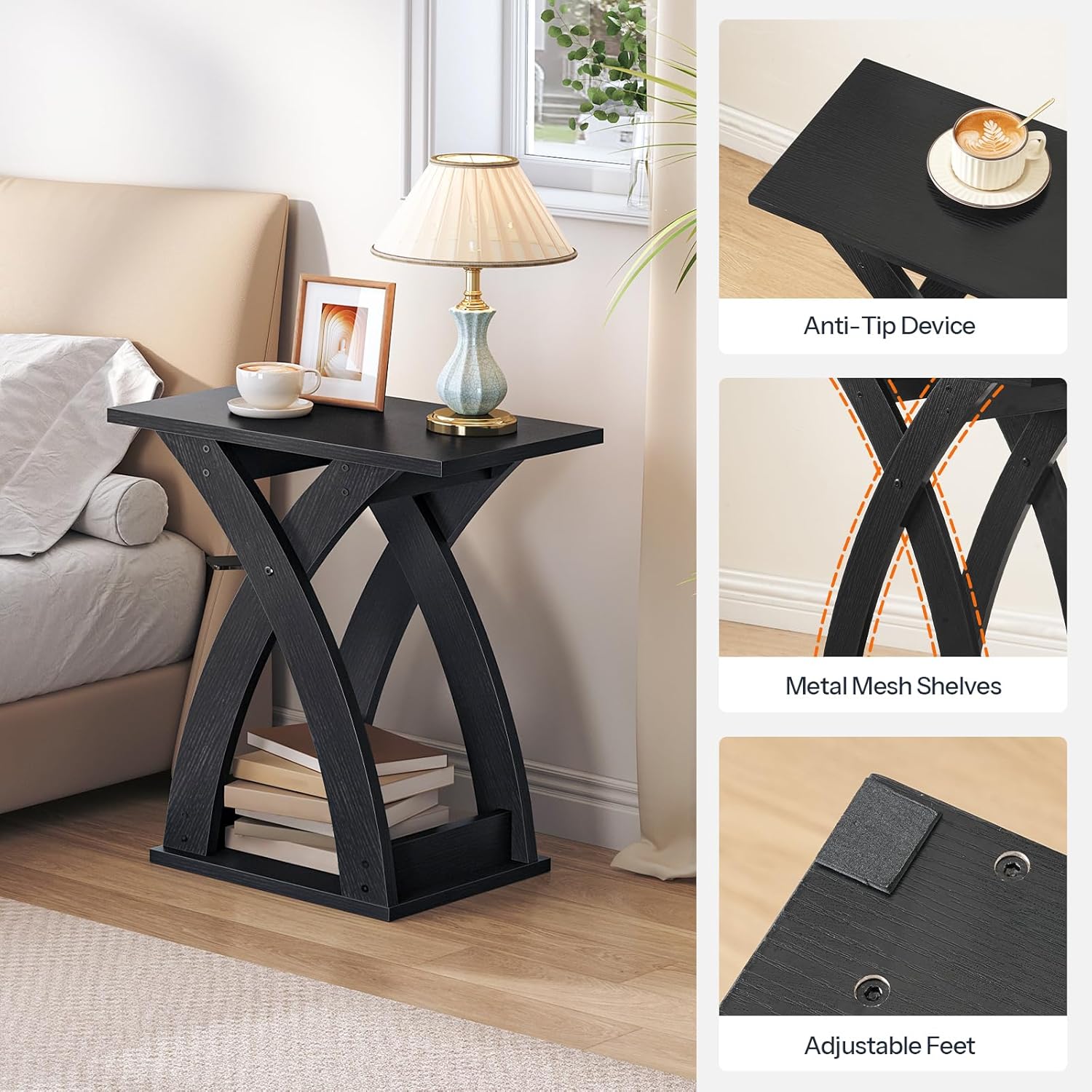 HOOBRO End Table Living Room, Narrow Side Table for Small Spaces, Black 3 Tier End Table with Storage Shelf, X-Design Slim Nightstand Bedside Table, Living Room, Bedroom, Black BK356BZ01N1