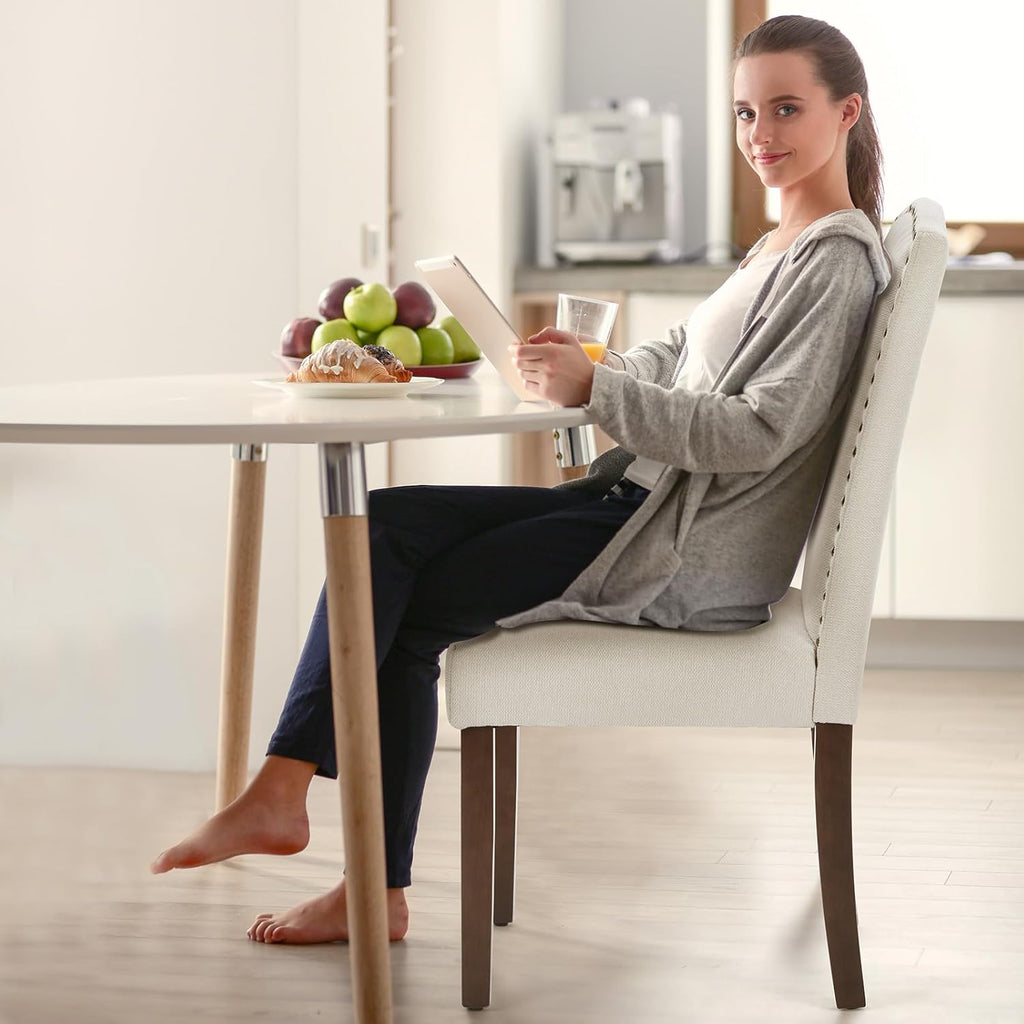 DUMOS Dining Chairs Set of 6, Farmhouse Fabric Upholstered Kitchen Chairs with Wooden Legs and Padded Seat, Modern Accent Chairs for Dining Room, Kitchen, Living Room, Restaurant, Beige