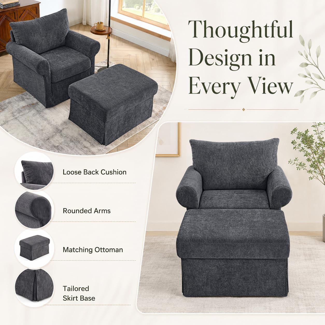 35.82" Oversized Accent Chair with Ottoman, Chenille Armchair, Gray | Accent Chair with Ottoman Set; Deep seat for relaxing; soft chenille; comfy back support; footrest ottoman; living room