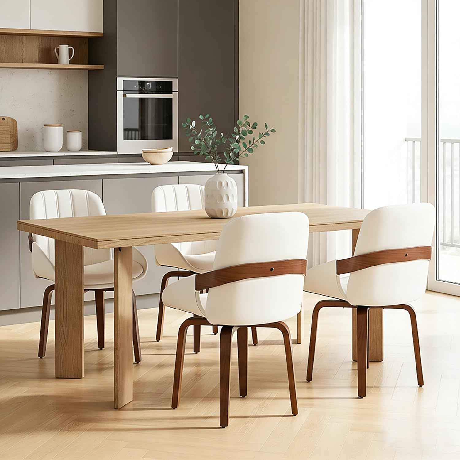 Swivel White Dining Chairs Set of 4, Mid Century Modern Faux Leather Dining Room Chairs with Arms, Upholstered Kitchen Vanity Accent Chair, Walnut Backrest Support & Sturdy Wood Legs